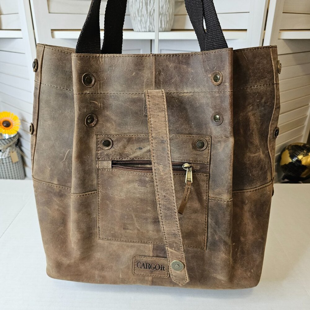 CARGOit, Raw, Brown Leather Tote Bag - Picture 4 of 16
